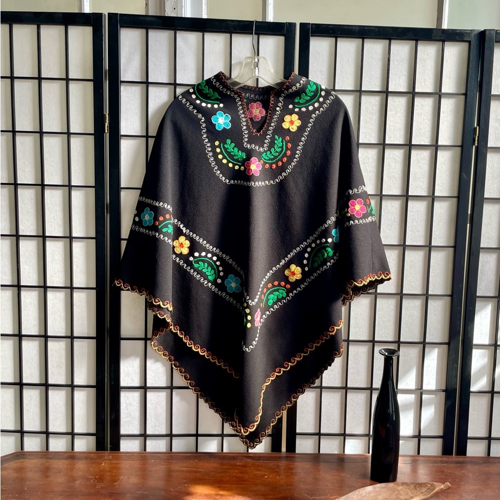 Black Floral Trimmed Poncho